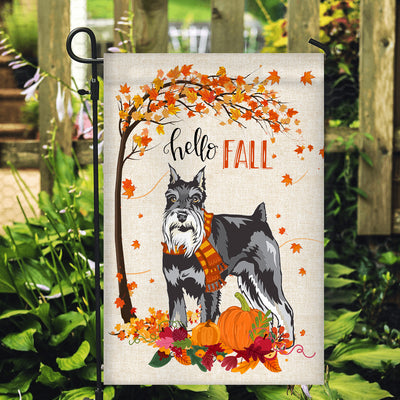 Hello Fall Schnauzer Dog Flag Maple Leaves Orange Pumpkin Autumn Flag | Teecentury.com