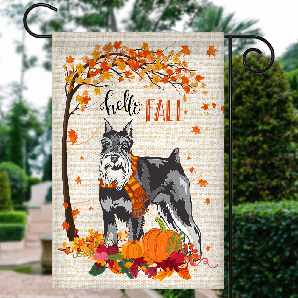 Hello Fall Schnauzer Dog Flag Maple Leaves Orange Pumpkin Autumn Flag | Teecentury.com