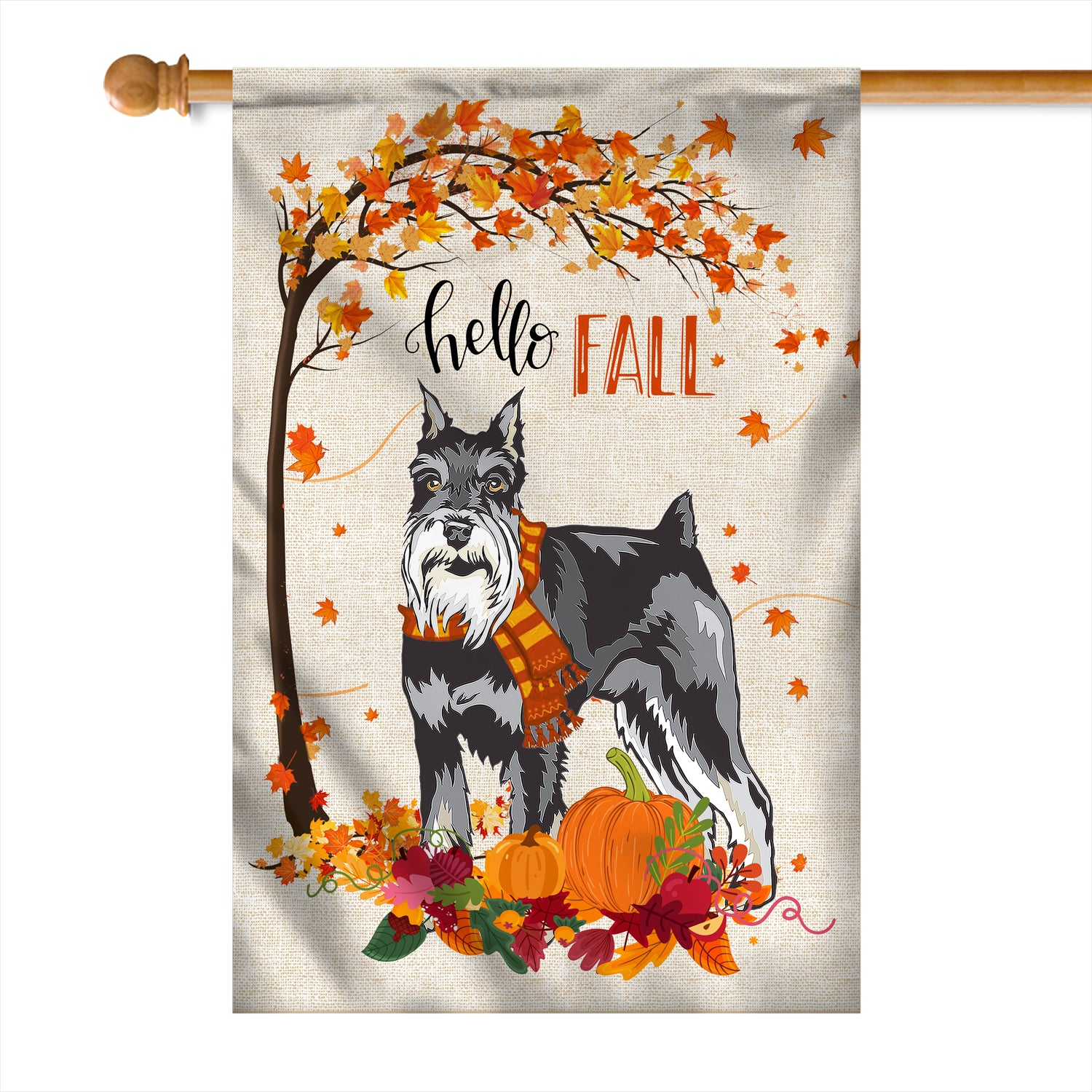 Hello Fall Schnauzer Dog Flag Maple Leaves Orange Pumpkin Autumn Flag | Teecentury.com