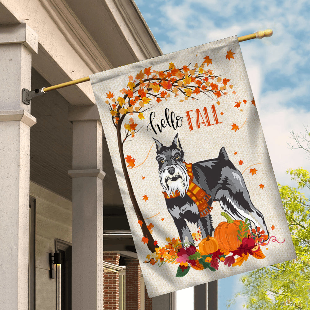 Hello Fall Schnauzer Dog Flag Maple Leaves Orange Pumpkin Autumn Flag | Teecentury.com
