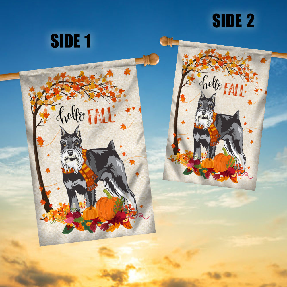 Hello Fall Schnauzer Dog Flag Maple Leaves Orange Pumpkin Autumn Flag | Teecentury.com