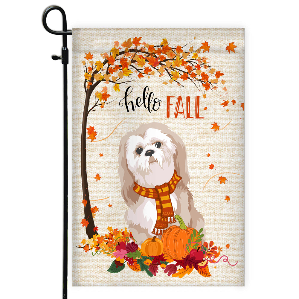 Hello Fall Shih Tzu Dog Flag Maple Leaves Orange Pumpkin Autumn Flag | Teecentury.com