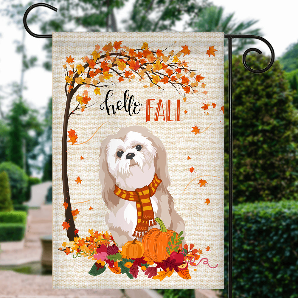 Hello Fall Shih Tzu Dog Flag Maple Leaves Orange Pumpkin Autumn Flag | Teecentury.com