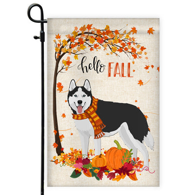 Hello Fall Siberian Husky Dog Flag Maple Leaves Orange Pumpkin Autumn Flag | Teecentury.com