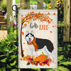 Hello Fall Siberian Husky Dog Flag Maple Leaves Orange Pumpkin Autumn Flag | Teecentury.com