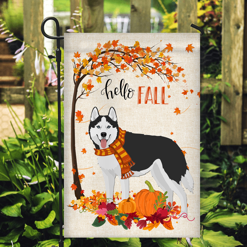 Hello Fall Siberian Husky Dog Flag Maple Leaves Orange Pumpkin Autumn Flag | Teecentury.com