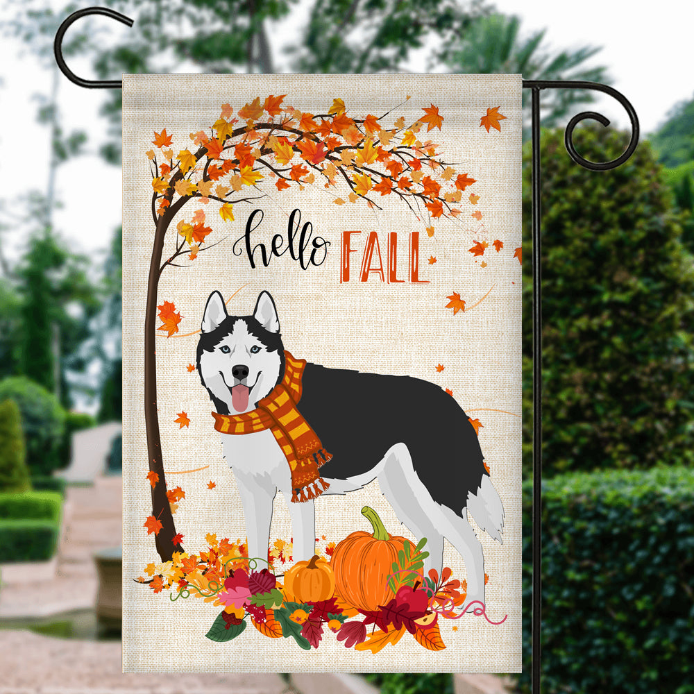 Hello Fall Siberian Husky Dog Flag Maple Leaves Orange Pumpkin Autumn Flag | Teecentury.com