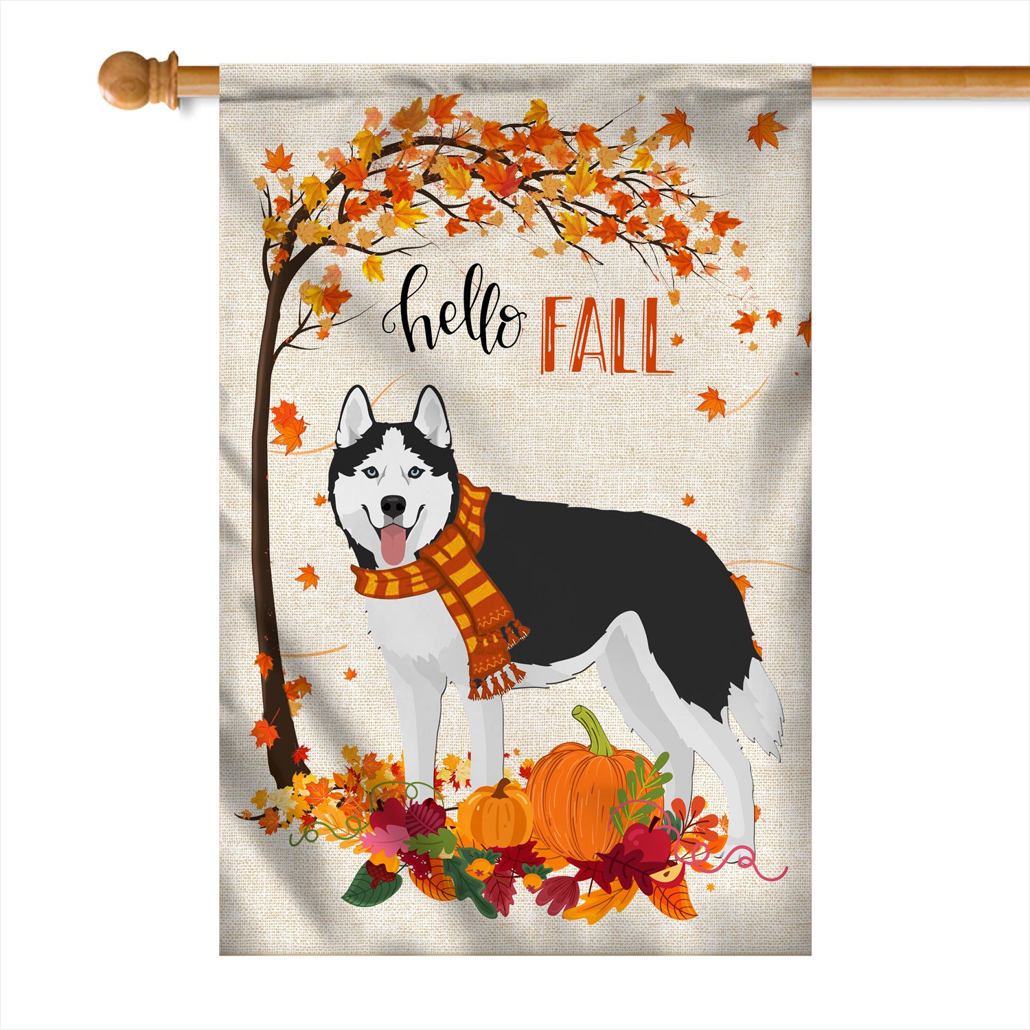 Hello Fall Siberian Husky Dog Flag Maple Leaves Orange Pumpkin Autumn Flag | Teecentury.com
