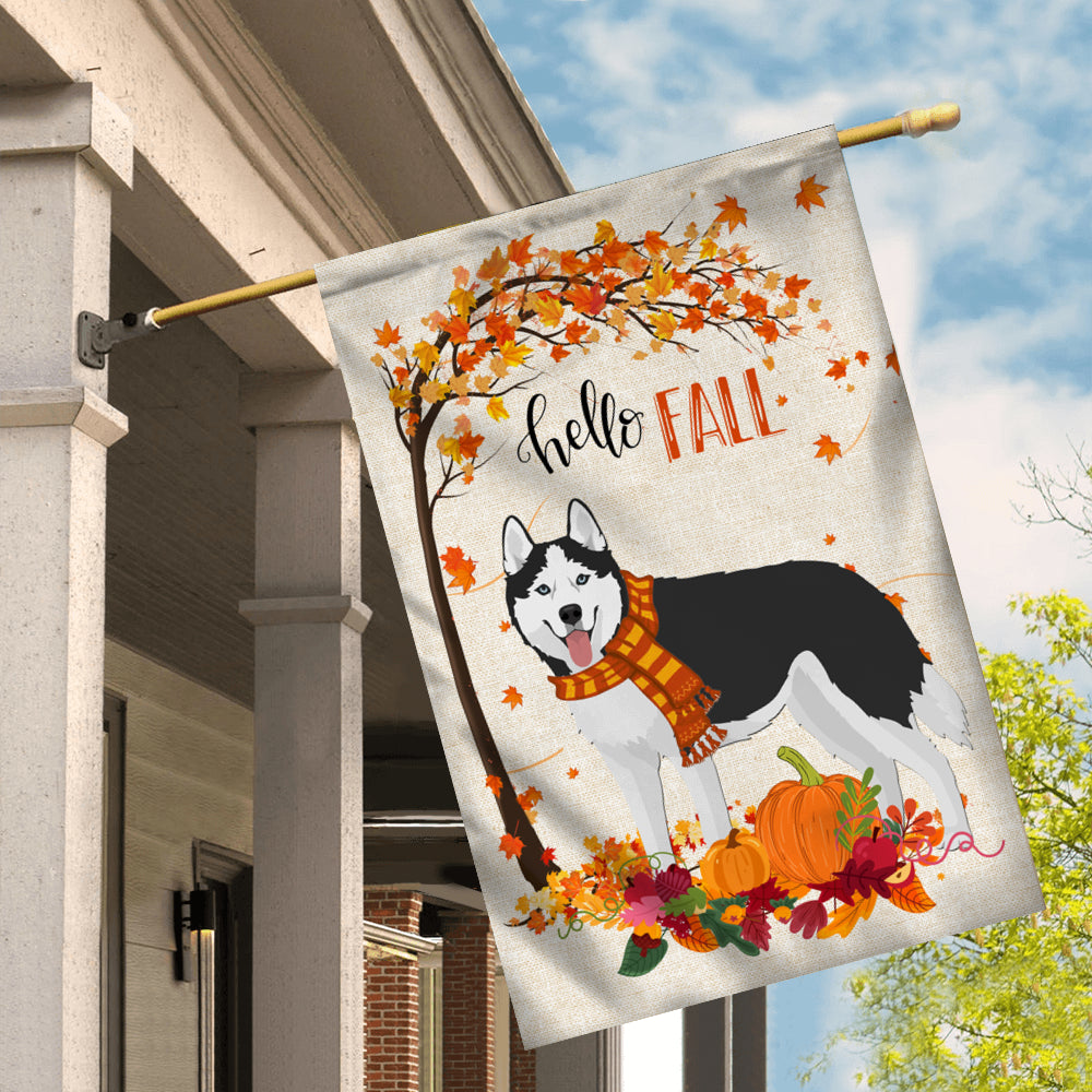 Hello Fall Siberian Husky Dog Flag Maple Leaves Orange Pumpkin Autumn Flag | Teecentury.com