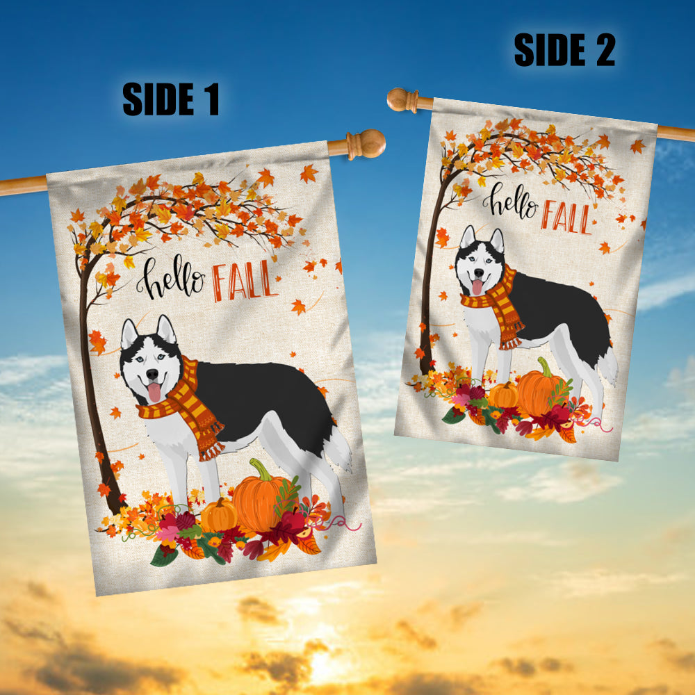 Hello Fall Siberian Husky Dog Flag Maple Leaves Orange Pumpkin Autumn Flag | Teecentury.com