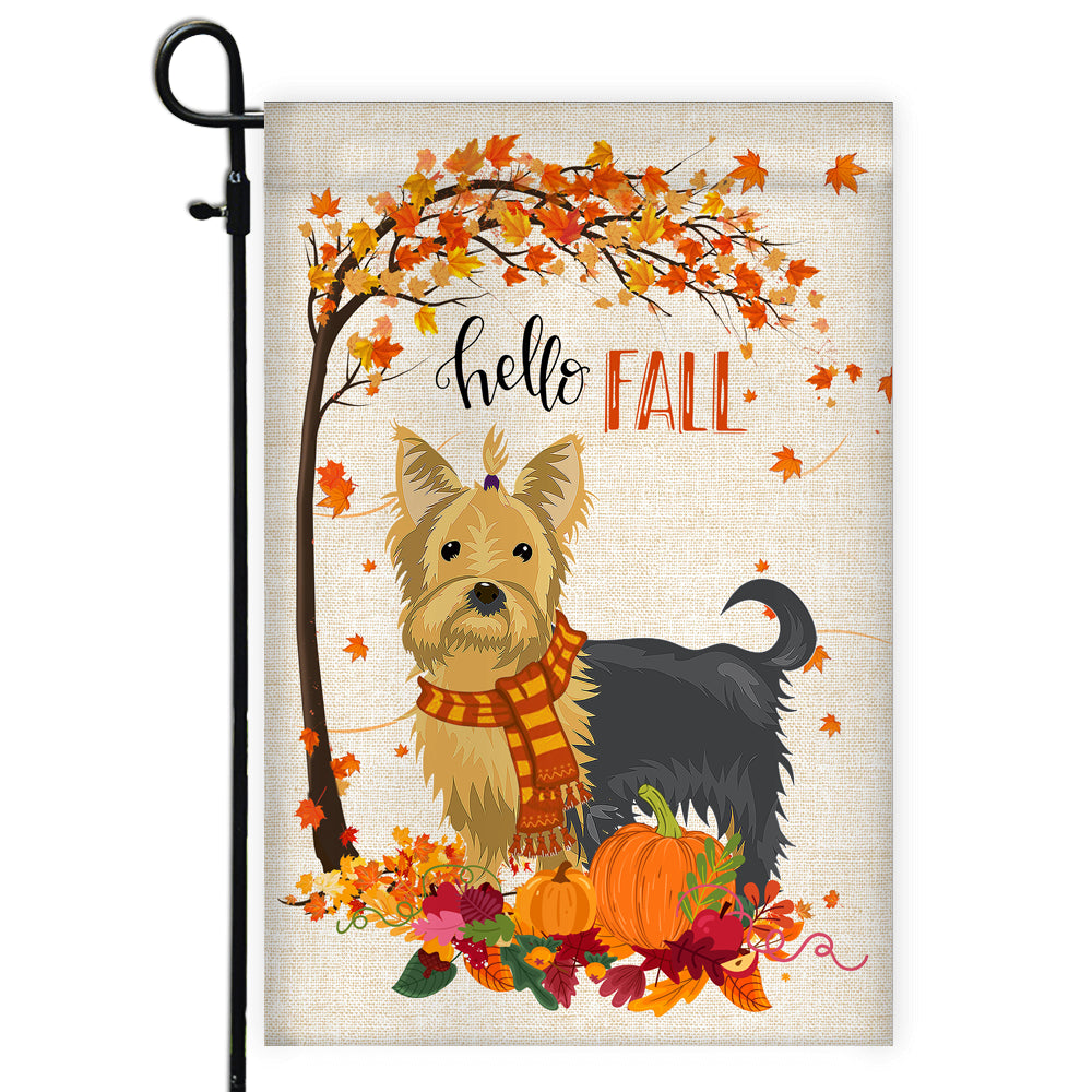 Hello Fall Yorkie Dog Flag Maple Leaves Orange Pumpkin Autumn Flag | Teecentury.com