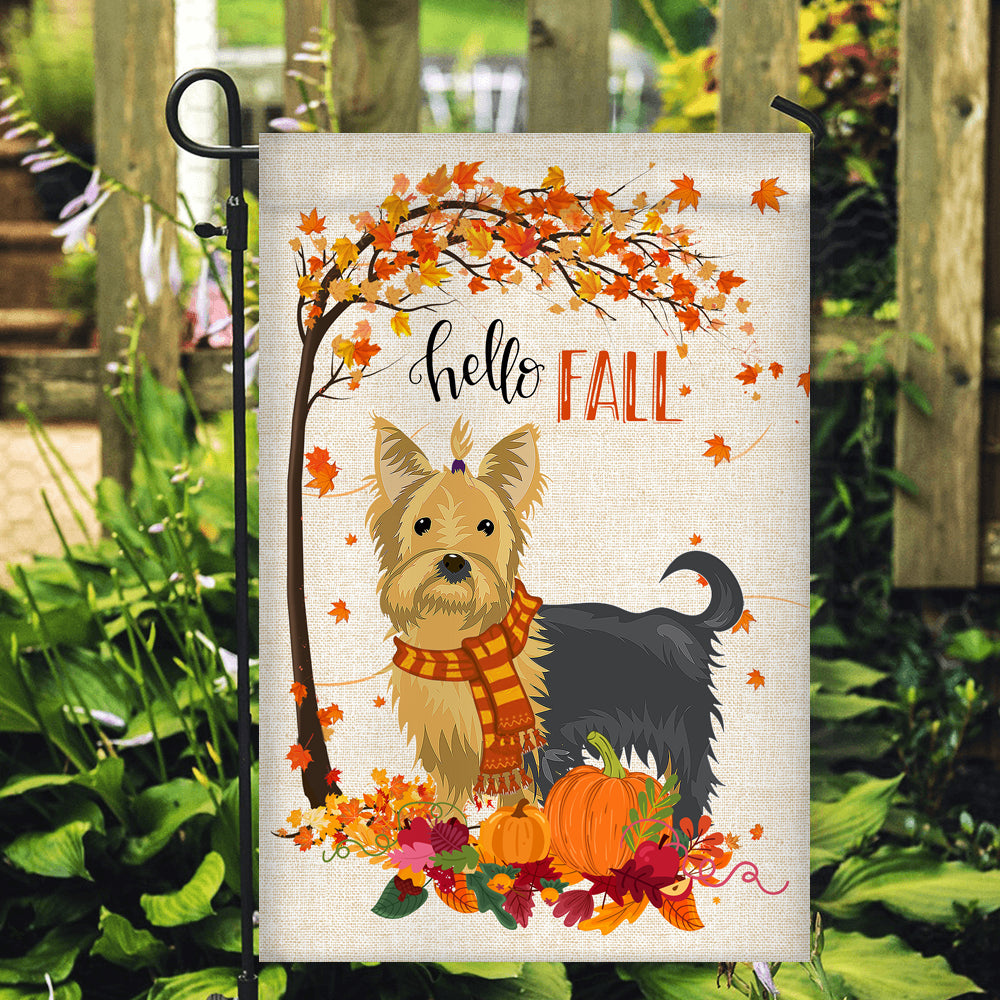 Hello Fall Yorkie Dog Flag Maple Leaves Orange Pumpkin Autumn Flag | Teecentury.com