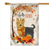 Hello Fall Yorkie Dog Flag Maple Leaves Orange Pumpkin Autumn Flag | Teecentury.com