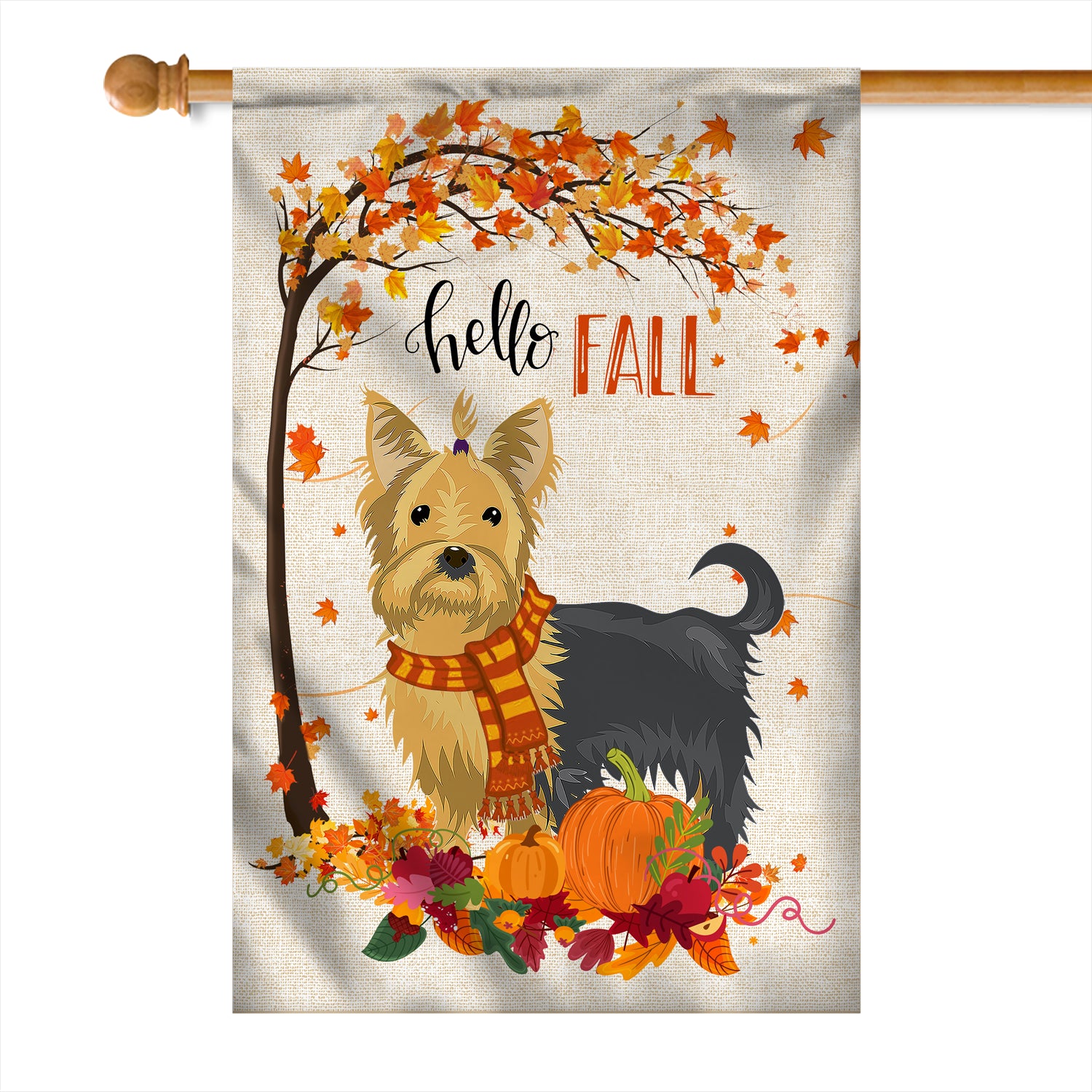 Hello Fall Yorkie Dog Flag Maple Leaves Orange Pumpkin Autumn Flag | Teecentury.com
