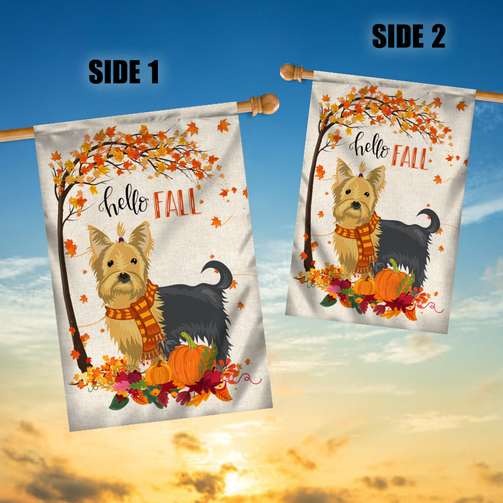 Hello Fall Yorkie Dog Flag Maple Leaves Orange Pumpkin Autumn Flag | Teecentury.com