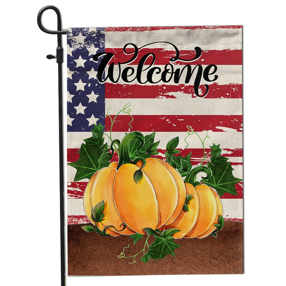 Home Welcome Fall Flag Quote Patriotic House Rustic Autumn Harvest Pumpkin Primitive Vintage Seasonal Flag | Teecentury.com