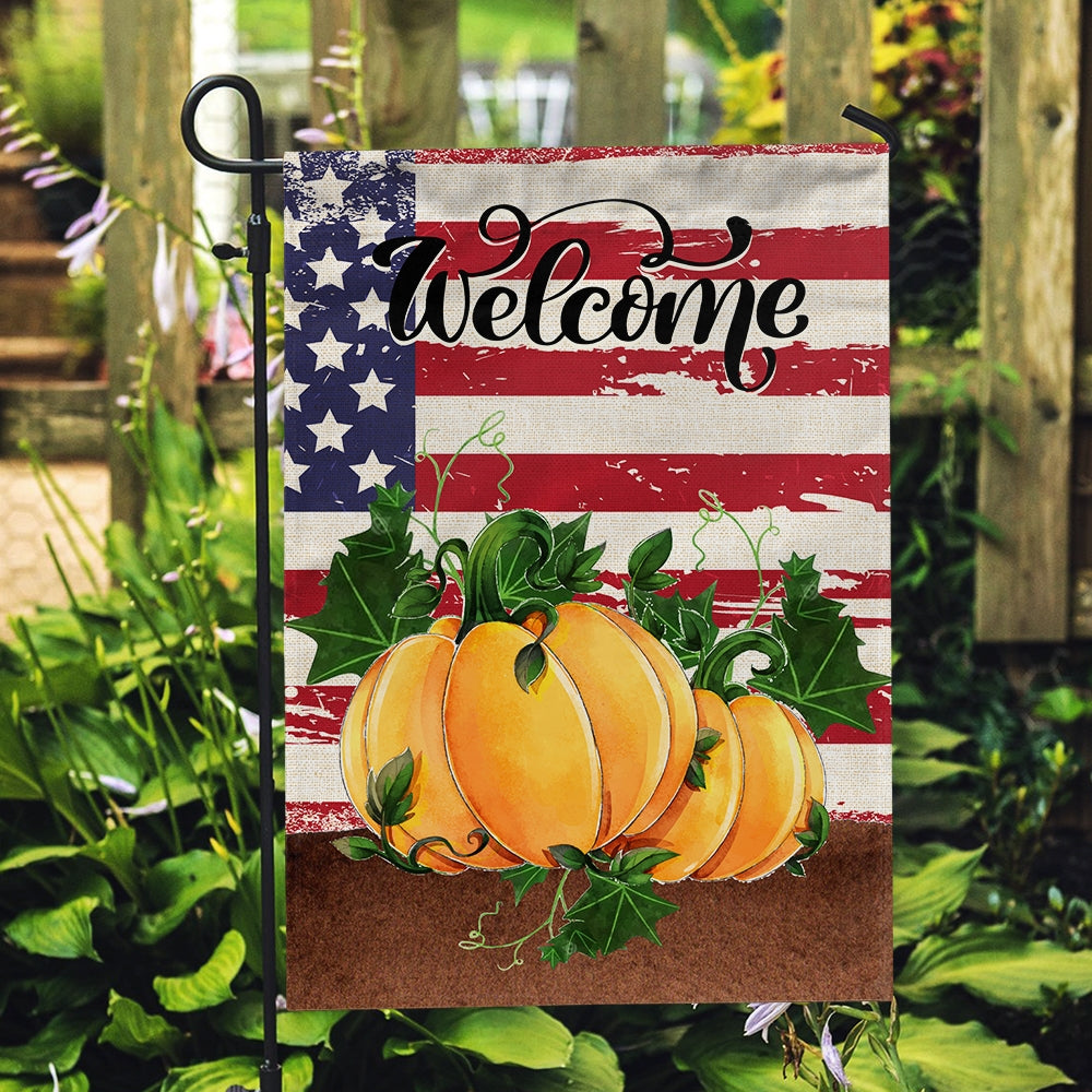 Home Welcome Fall Flag Quote Patriotic House Rustic Autumn Harvest Pumpkin Primitive Vintage Seasonal Flag | Teecentury.com