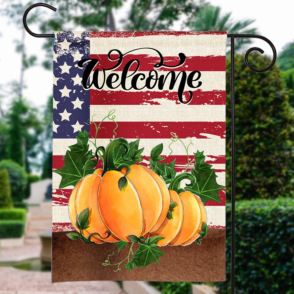 Home Welcome Fall Flag Quote Patriotic House Rustic Autumn Harvest Pumpkin Primitive Vintage Seasonal Flag | Teecentury.com