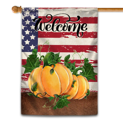 Home Welcome Fall Flag Quote Patriotic House Rustic Autumn Harvest Pumpkin Primitive Vintage Seasonal Flag | Teecentury.com