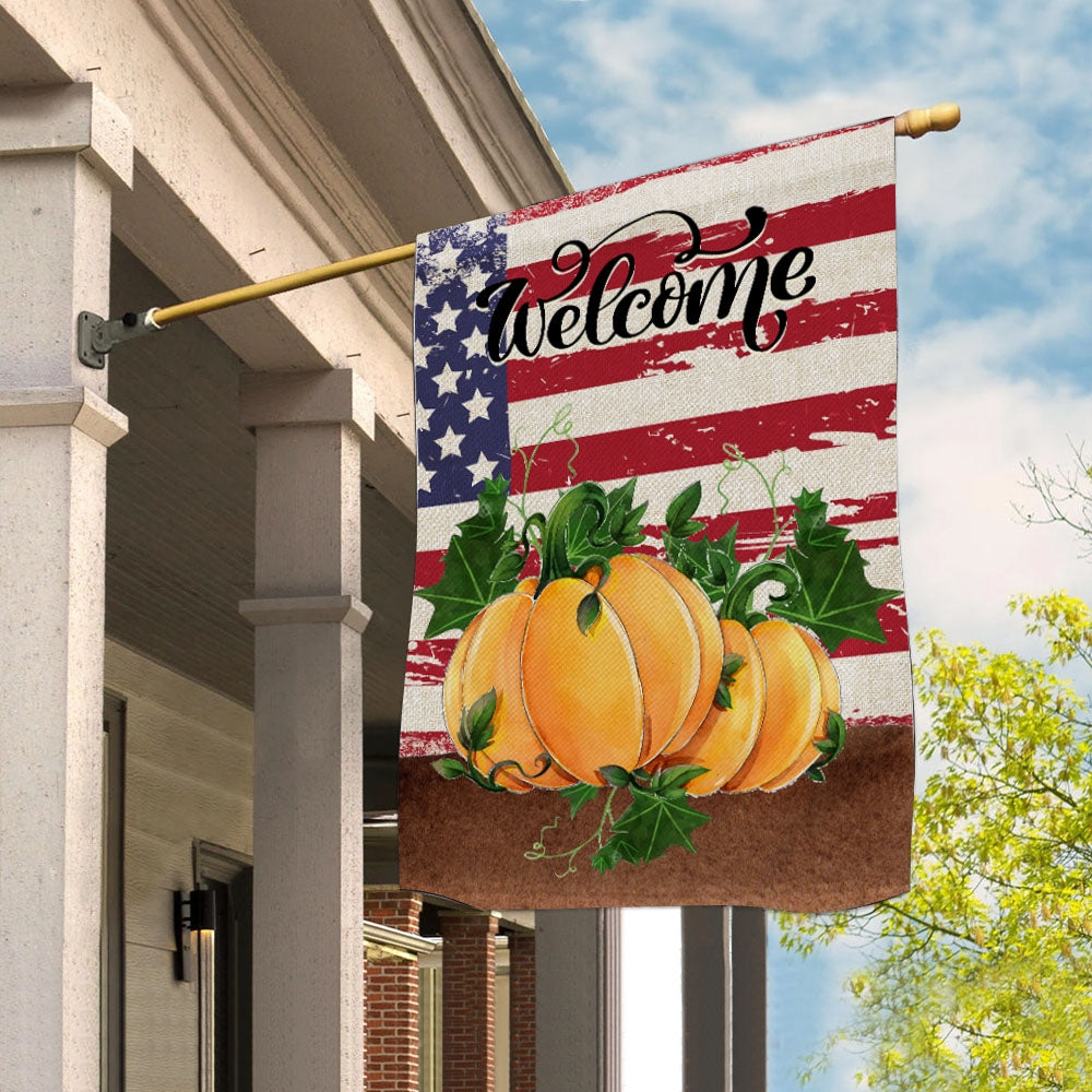 Home Welcome Fall Flag Quote Patriotic House Rustic Autumn Harvest Pumpkin Primitive Vintage Seasonal Flag | Teecentury.com