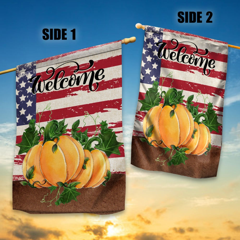 Home Welcome Fall Flag Quote Patriotic House Rustic Autumn Harvest Pumpkin Primitive Vintage Seasonal Flag | Teecentury.com