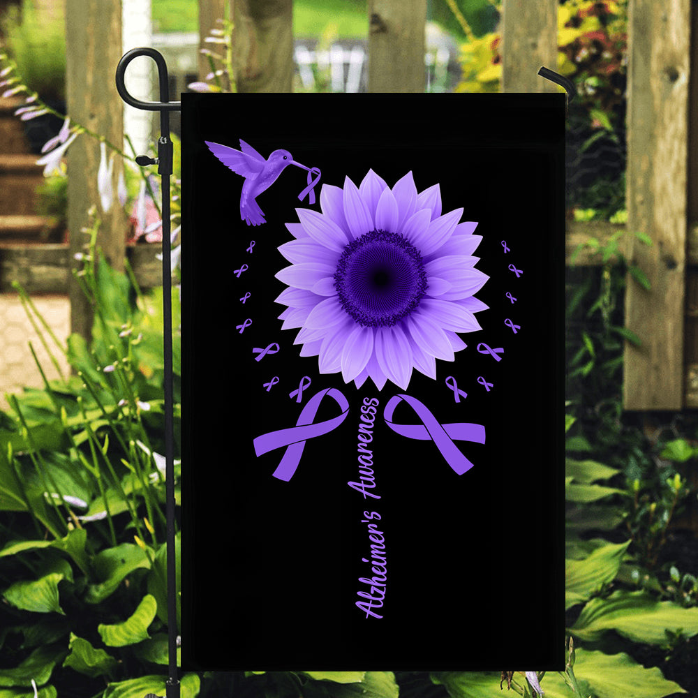 Hummingbird Sunflower Alzheimer's Awareness Flag Purple Ribbon Flag | Teecentury.com