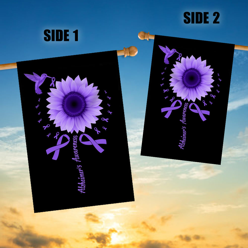 Hummingbird Sunflower Alzheimer's Awareness Flag Purple Ribbon Flag | Teecentury.com