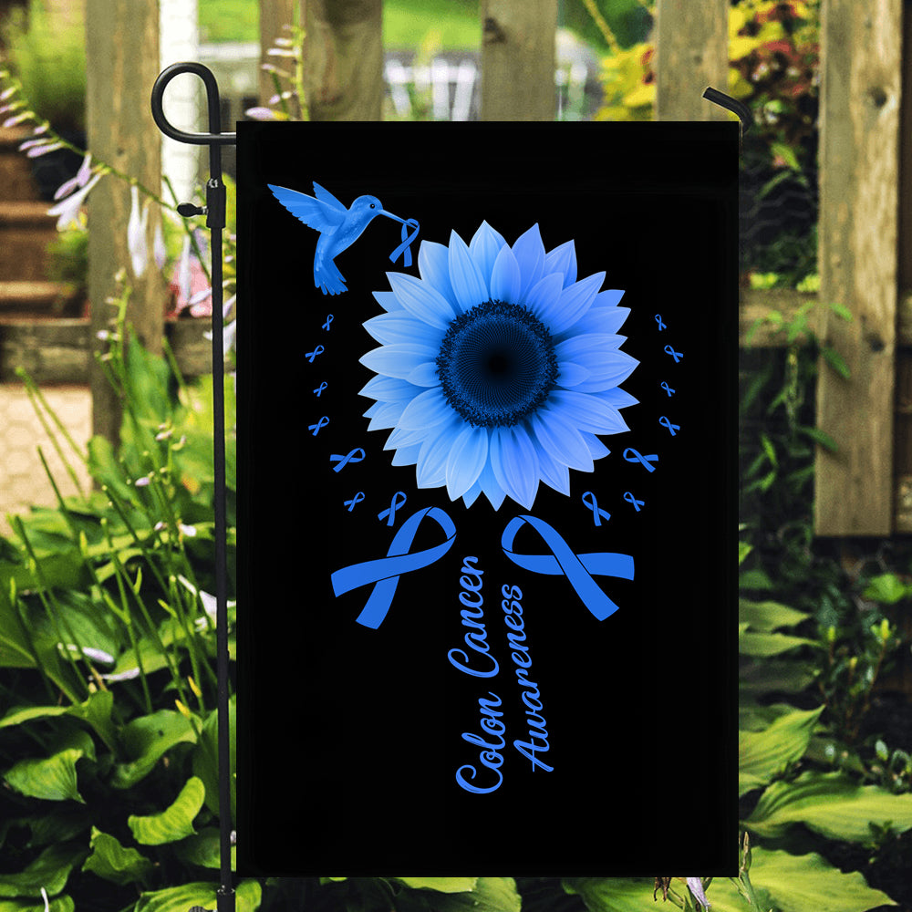 Hummingbird Sunflower Colon Cancer Awareness Flag Blue Ribbon Flag | Teecentury.com