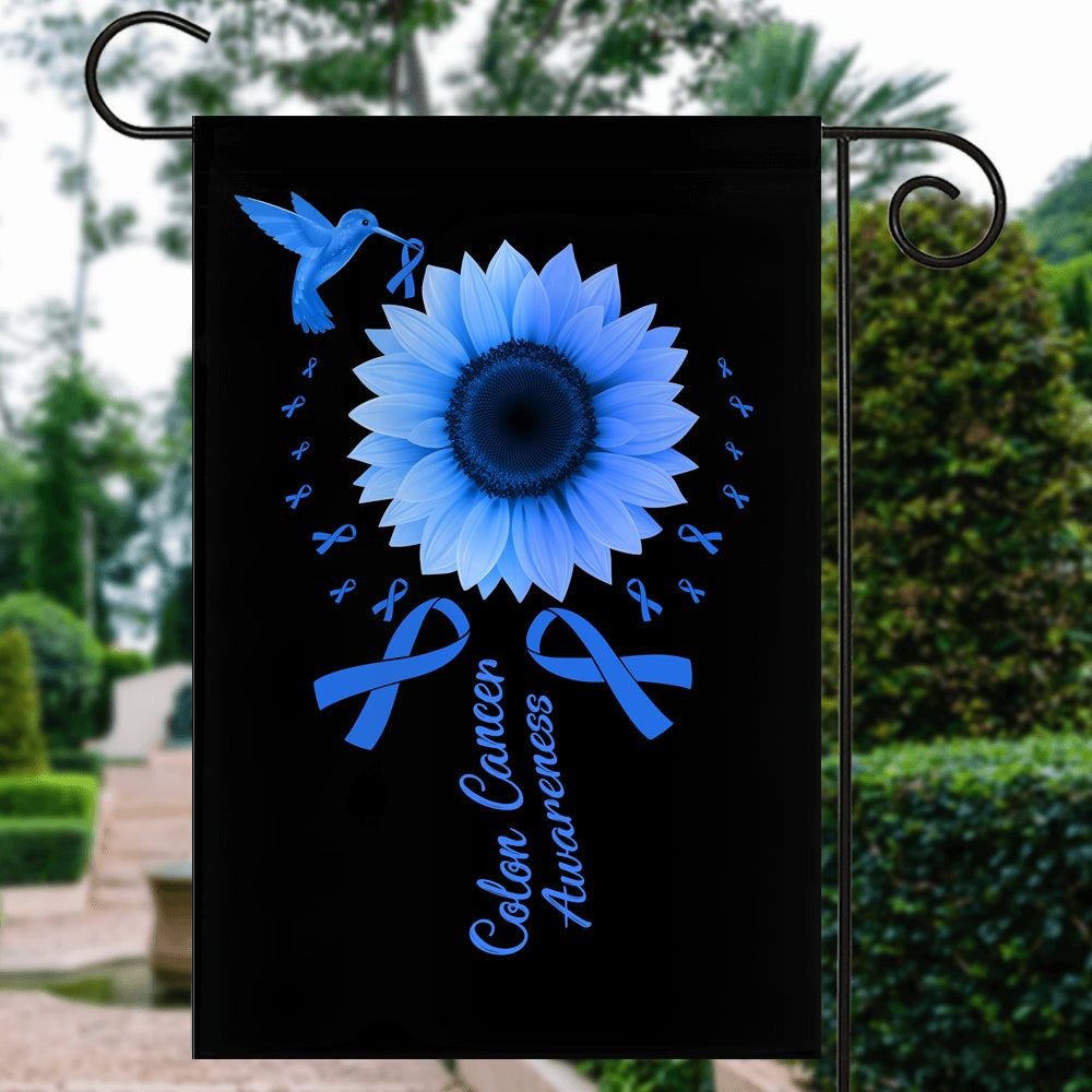 Hummingbird Sunflower Colon Cancer Awareness Flag Blue Ribbon Flag | Teecentury.com
