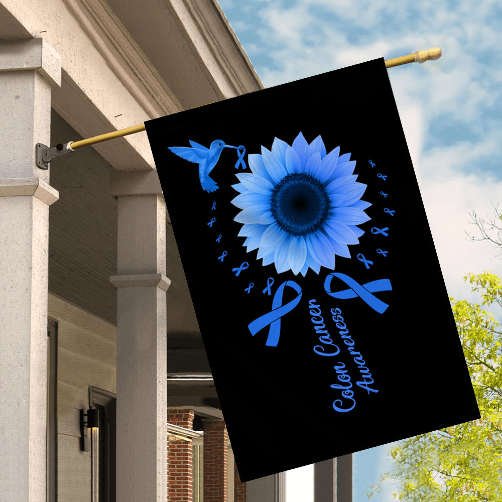 Hummingbird Sunflower Colon Cancer Awareness Flag Blue Ribbon Flag | Teecentury.com