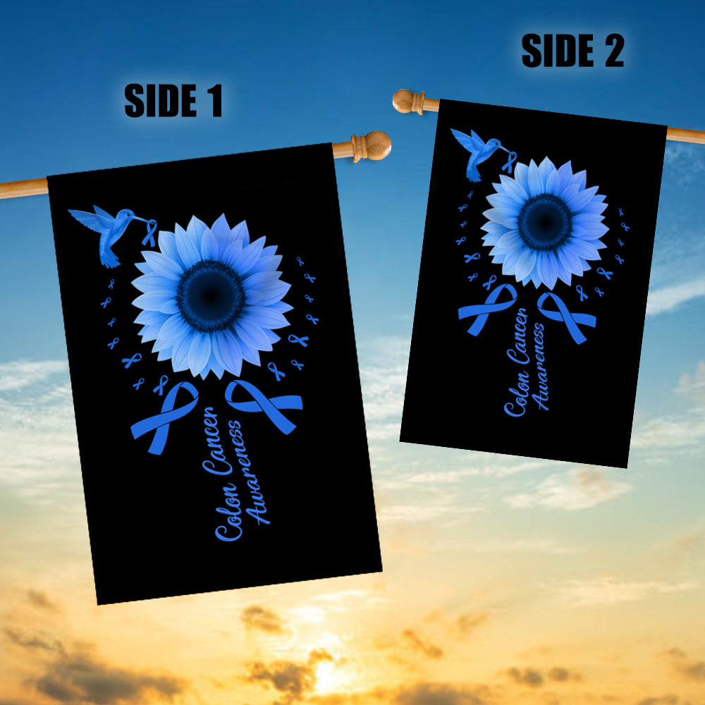 Hummingbird Sunflower Colon Cancer Awareness Flag Blue Ribbon Flag | Teecentury.com