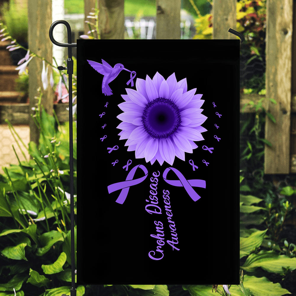 Hummingbird Sunflower Crohns Disease Awareness Flag Purple Ribbon Flag | Teecentury.com