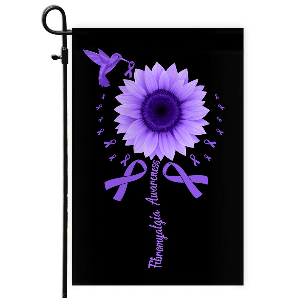 Hummingbird Sunflower Fibromyalgia Awareness Flag Purple Ribbon Flag | Teecentury.com