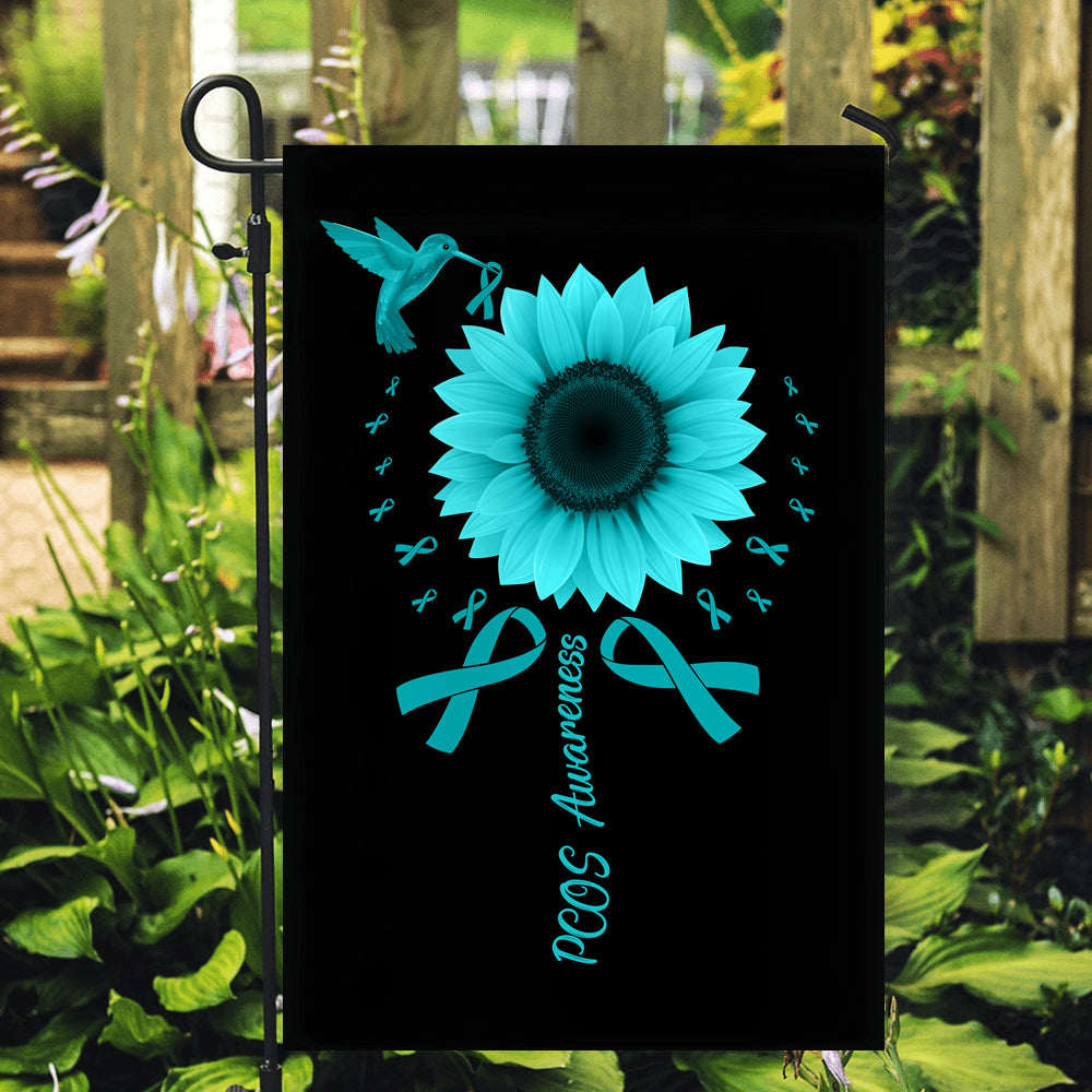 Hummingbird Sunflower PCOS Awareness Flag Teal Ribbon Flag | Teecentury.com