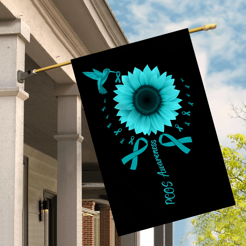 Hummingbird Sunflower PCOS Awareness Flag Teal Ribbon Flag | Teecentury.com