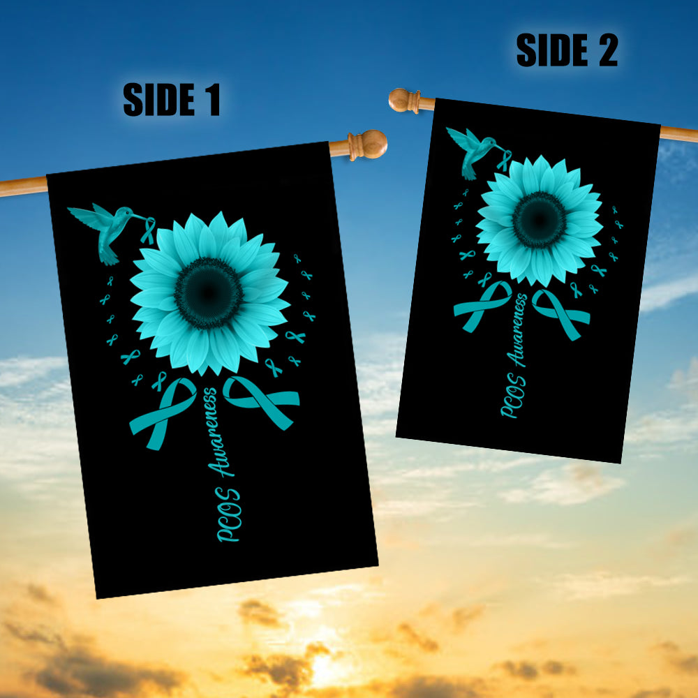 Hummingbird Sunflower PCOS Awareness Flag Teal Ribbon Flag | Teecentury.com
