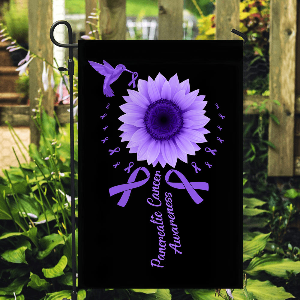 Hummingbird Sunflower Pancreatic Cancer Awareness Flag Purple Ribbon Flag | Teecentury.com