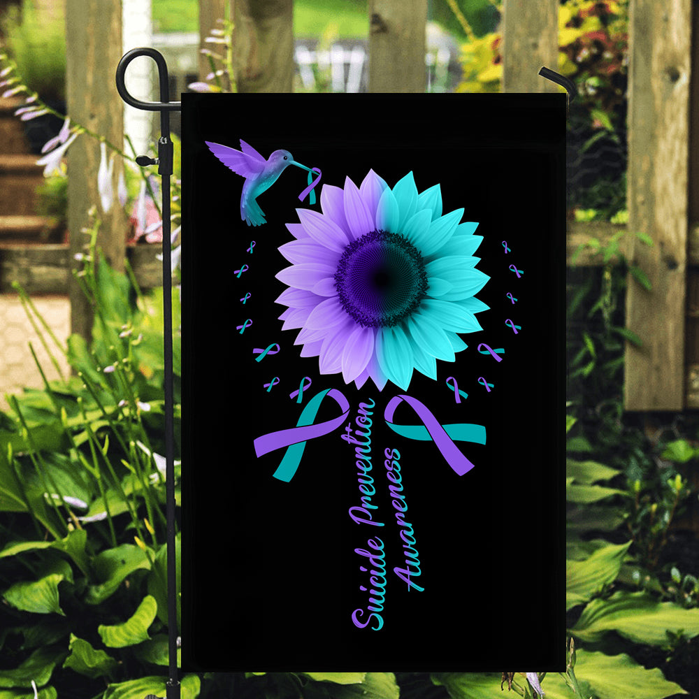 Hummingbird Sunflower Suicide Prevention Awareness Flag Teal and Purple Ribbon Flag | Teecentury.com