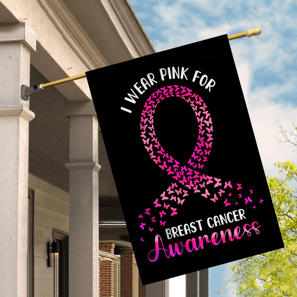 I Wear Pink For Breast Cancer Awareness Flag Survivor Ribbon Flag | Teecentury.com