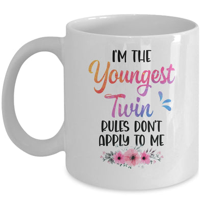 I'm The Youngest Twin Rules Don't Apply To Me Funny Floral Mug | teecentury