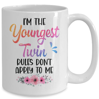 I'm The Youngest Twin Rules Don't Apply To Me Funny Floral Mug | teecentury