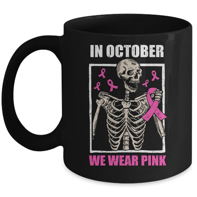 In October We Wear Pink Breast Cancer Skeleton Halloween Mug | teecentury