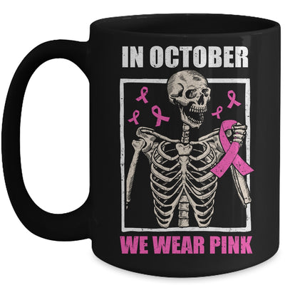 In October We Wear Pink Breast Cancer Skeleton Halloween Mug | teecentury