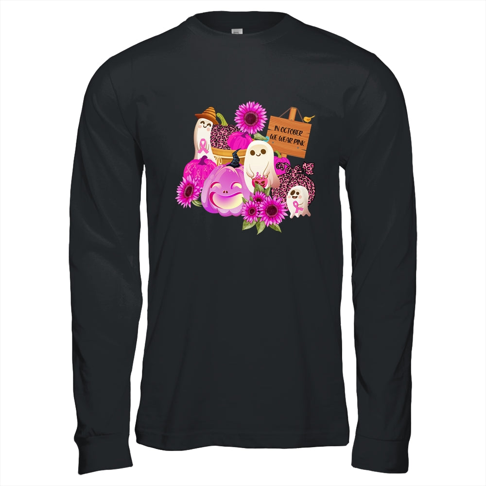 In October We Wear Pink Ghosts Pumpkins For Breast Cancer T-Shirt & Hoodie | Teecentury.com
