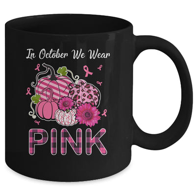 In October We Wear Pink Ribbon Leopard Pumpkin Breast Cancer Mug | teecentury