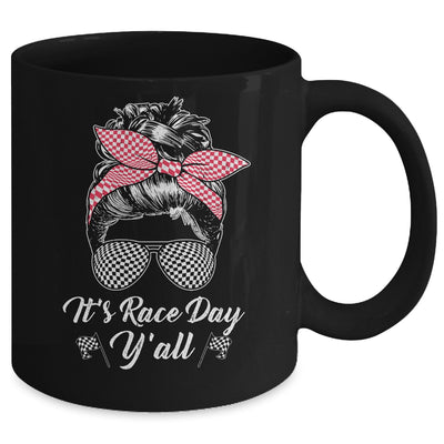 It's Race Day Y'all Checkered Flag Racing Messy Bun Design Mug | teecentury
