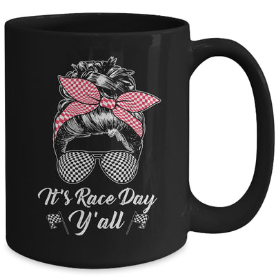 It's Race Day Y'all Checkered Flag Racing Messy Bun Design Mug | teecentury