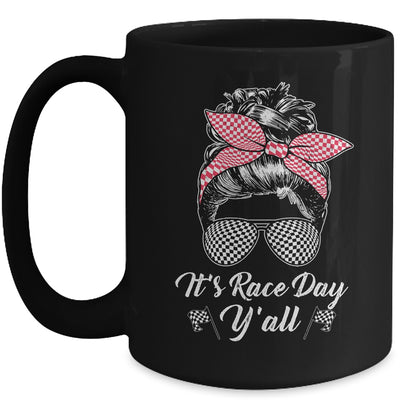 It's Race Day Y'all Checkered Flag Racing Messy Bun Design Mug | teecentury