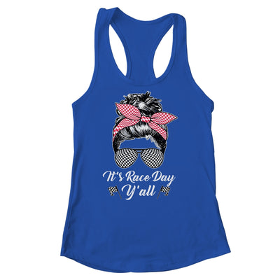 It's Race Day Y'all Checkered Flag Racing Messy Bun Design Shirt & Tank Top | teecentury