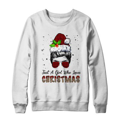 Just A Girl Who Loves Christmas Santa Hat Messy Bun Leopard T-Shirt & Sweatshirt | Teecentury.com